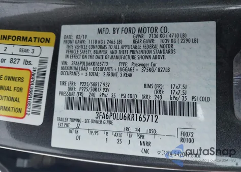 2019 Ford Fusion Hybrid Se z USA, uszkodzony, nr VIN 3FA6P0LU6KR165712